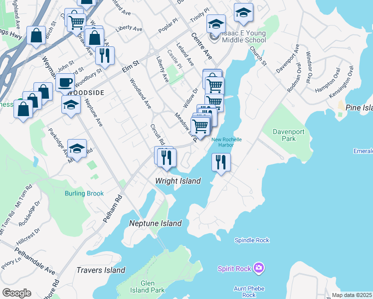 map of restaurants, bars, coffee shops, grocery stores, and more near 25 Shady Glen Court in New Rochelle