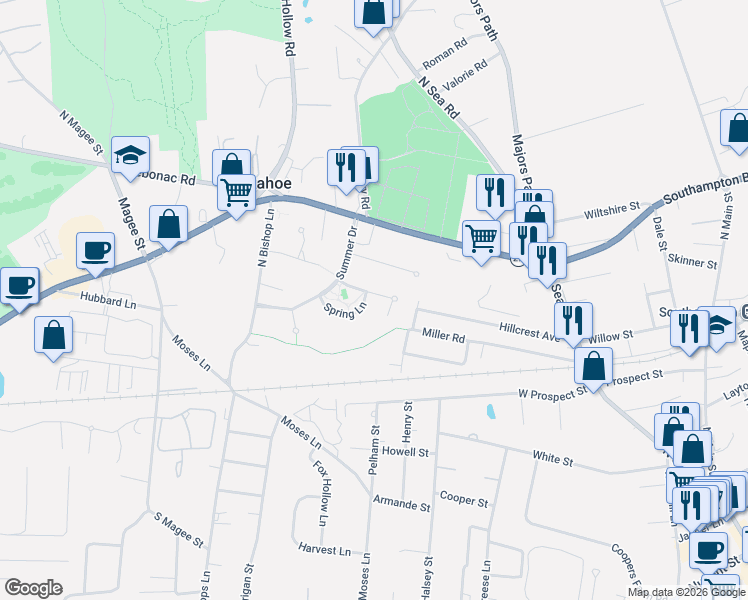 map of restaurants, bars, coffee shops, grocery stores, and more near 12 Spring Lane in Southampton