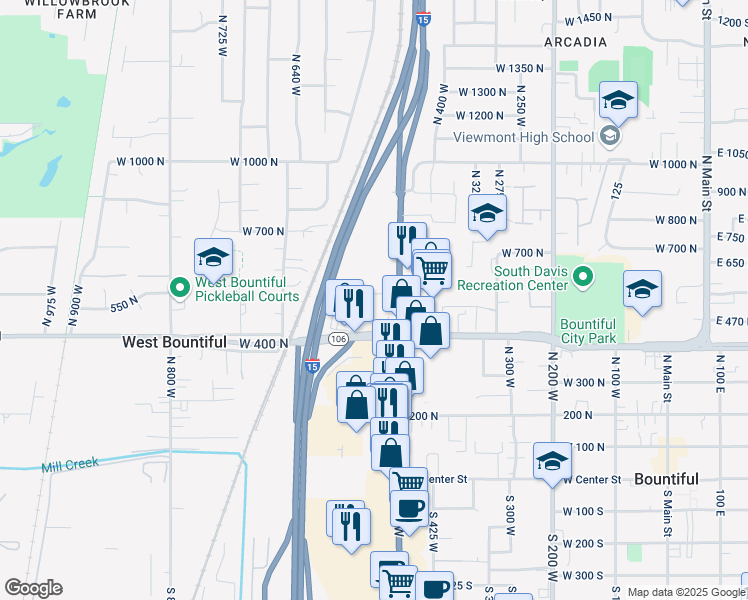 map of restaurants, bars, coffee shops, grocery stores, and more near 544 West 400 North in West Bountiful