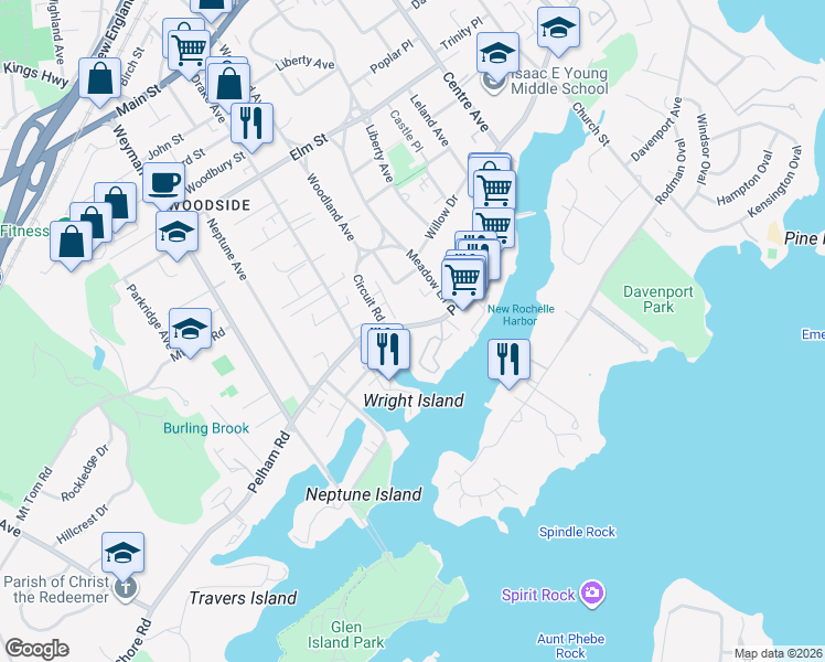 map of restaurants, bars, coffee shops, grocery stores, and more near 25 Shady Glen Court in New Rochelle