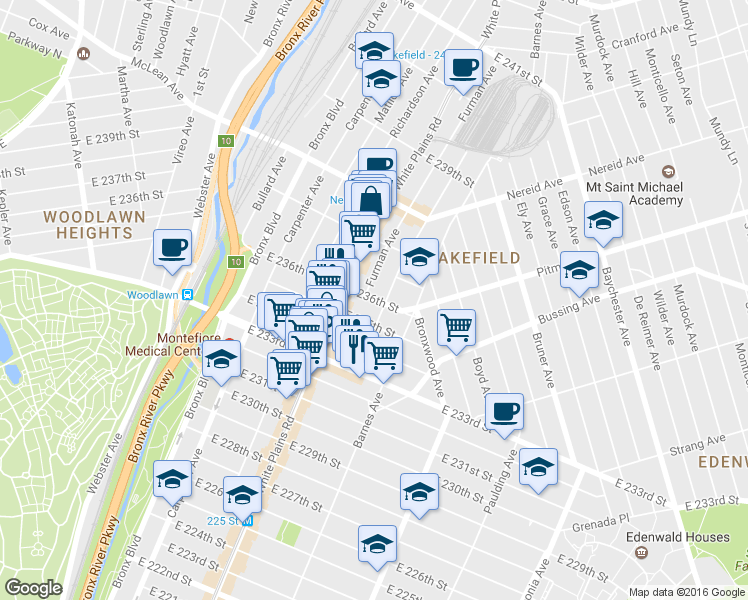 map of restaurants, bars, coffee shops, grocery stores, and more near 724 East 235th Street in Bronx