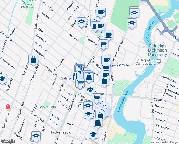 map of restaurants, bars, coffee shops, grocery stores, and more near 89 Maple Avenue in Hackensack