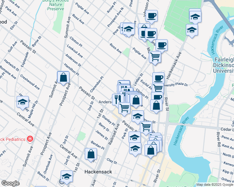 map of restaurants, bars, coffee shops, grocery stores, and more near 50 Linden Street in Hackensack