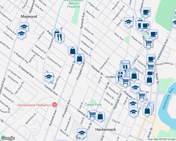 map of restaurants, bars, coffee shops, grocery stores, and more near 291 Stanley Place in Hackensack
