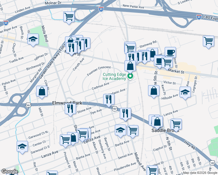 map of restaurants, bars, coffee shops, grocery stores, and more near 137 Stefanic Avenue in Elmwood Park