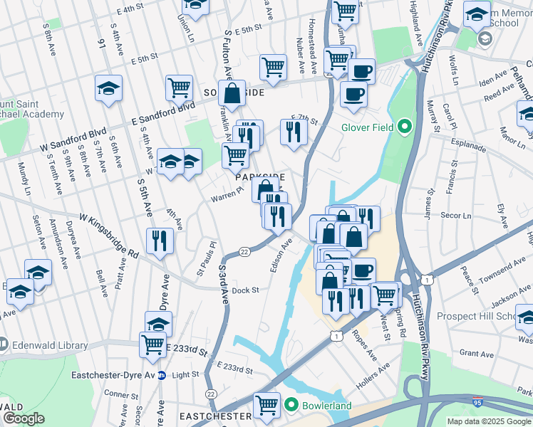 map of restaurants, bars, coffee shops, grocery stores, and more near 750 S Fulton Ave in Mt Vernon