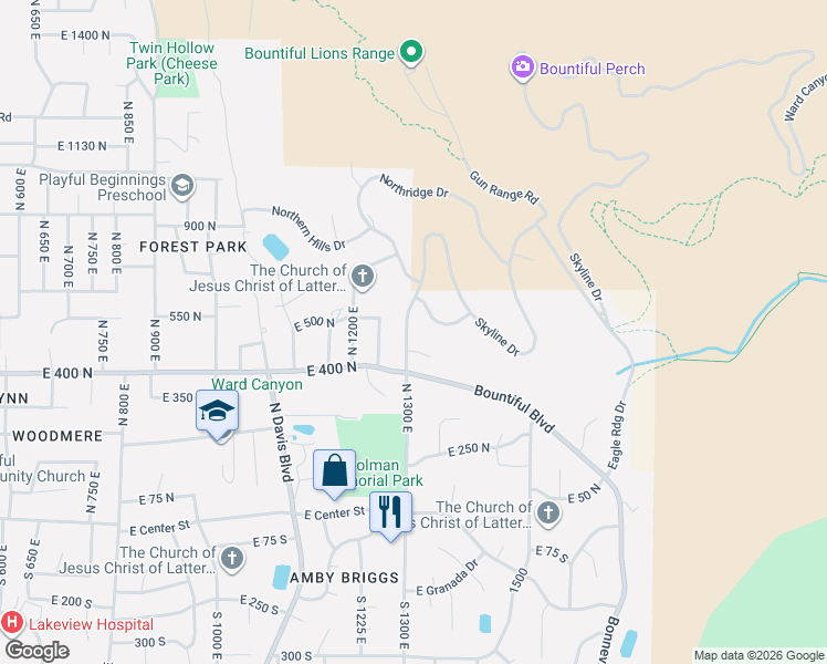 map of restaurants, bars, coffee shops, grocery stores, and more near 487 North 1300 East in Bountiful
