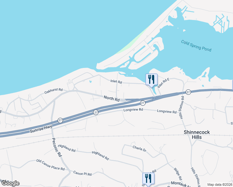 map of restaurants, bars, coffee shops, grocery stores, and more near 148 North Road in Hampton Bays
