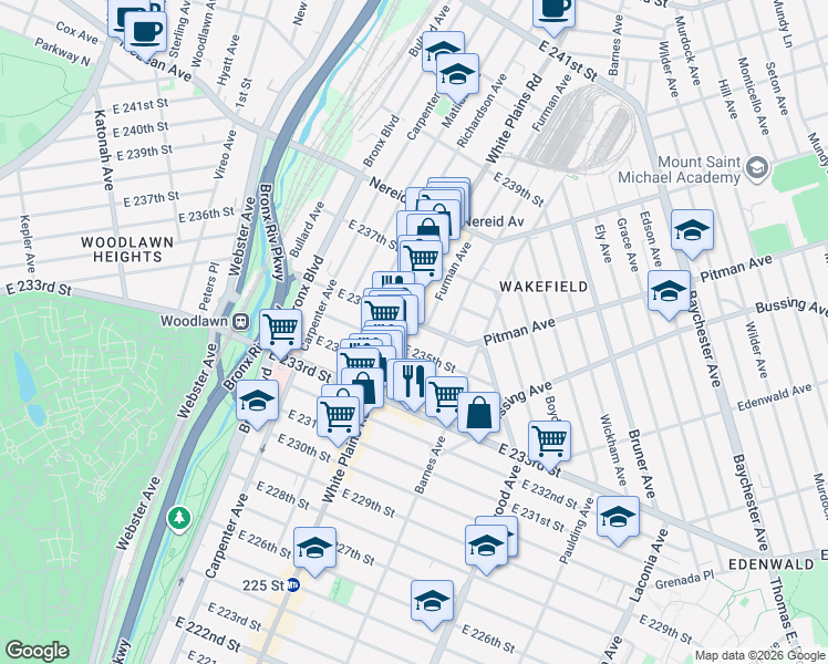 map of restaurants, bars, coffee shops, grocery stores, and more near 724 East 235th Street in Bronx