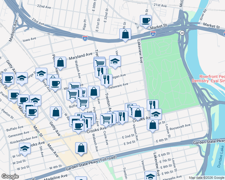 map of restaurants, bars, coffee shops, grocery stores, and more near 363 Buffalo Avenue in Paterson
