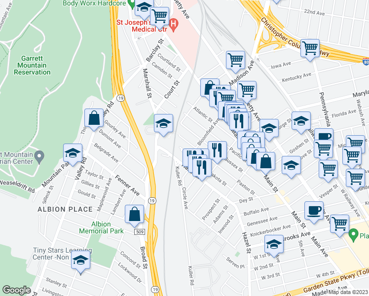 map of restaurants, bars, coffee shops, grocery stores, and more near in Paterson