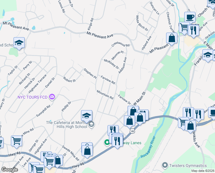 map of restaurants, bars, coffee shops, grocery stores, and more near 18 Valley View Road in Rockaway