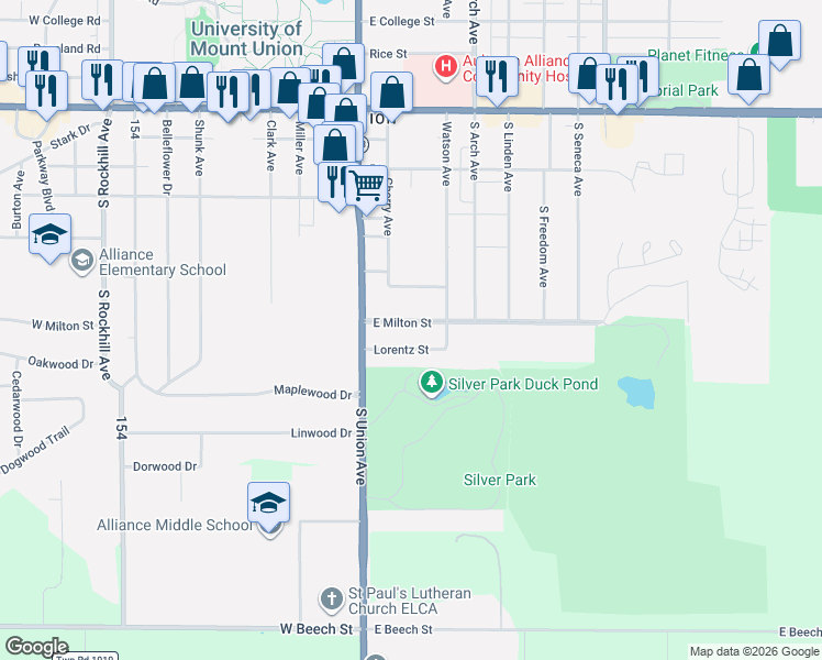 map of restaurants, bars, coffee shops, grocery stores, and more near 175 Lorentz Street in Alliance