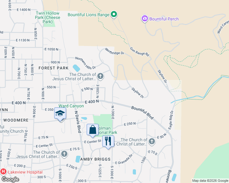 map of restaurants, bars, coffee shops, grocery stores, and more near 540 North 1300 East in Bountiful