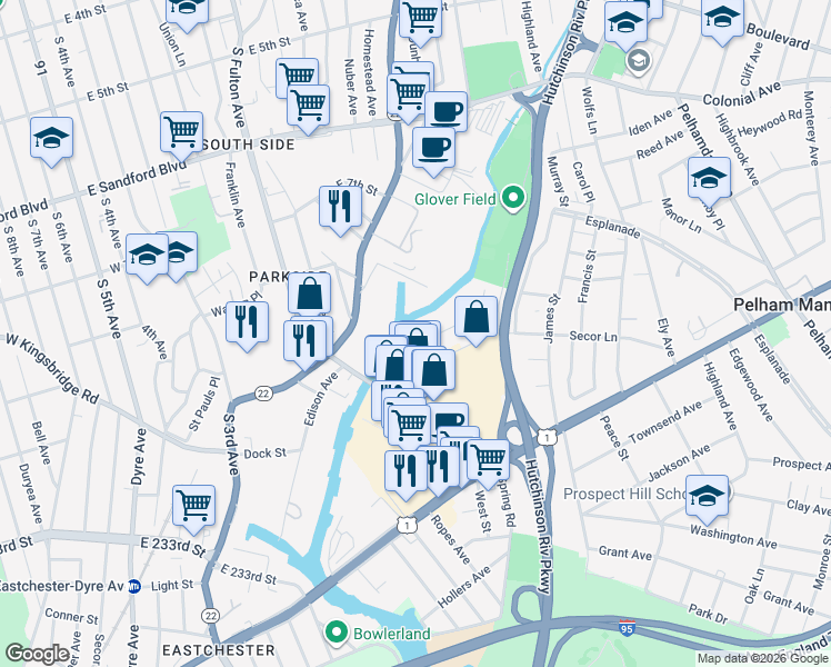 map of restaurants, bars, coffee shops, grocery stores, and more near 15 Canal Road in Pelham Manor