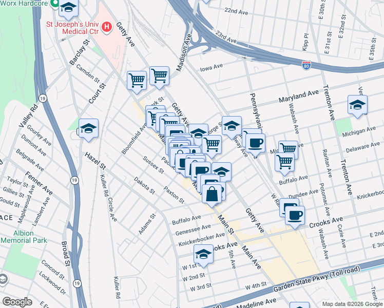 map of restaurants, bars, coffee shops, grocery stores, and more near 108 Gould Avenue in Paterson