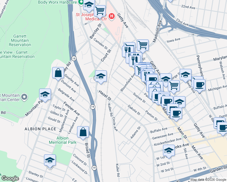 map of restaurants, bars, coffee shops, grocery stores, and more near 235 Dakota Street in Paterson