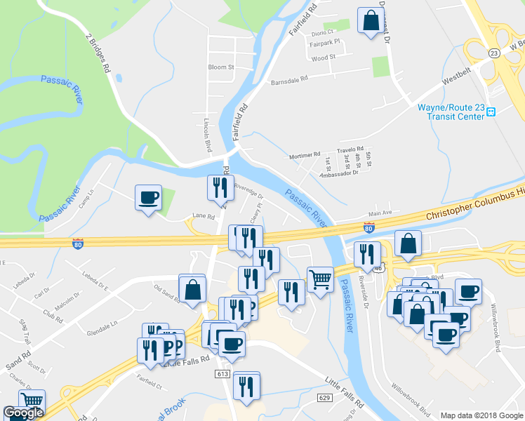 map of restaurants, bars, coffee shops, grocery stores, and more near 7 Cleary Place in Fairfield