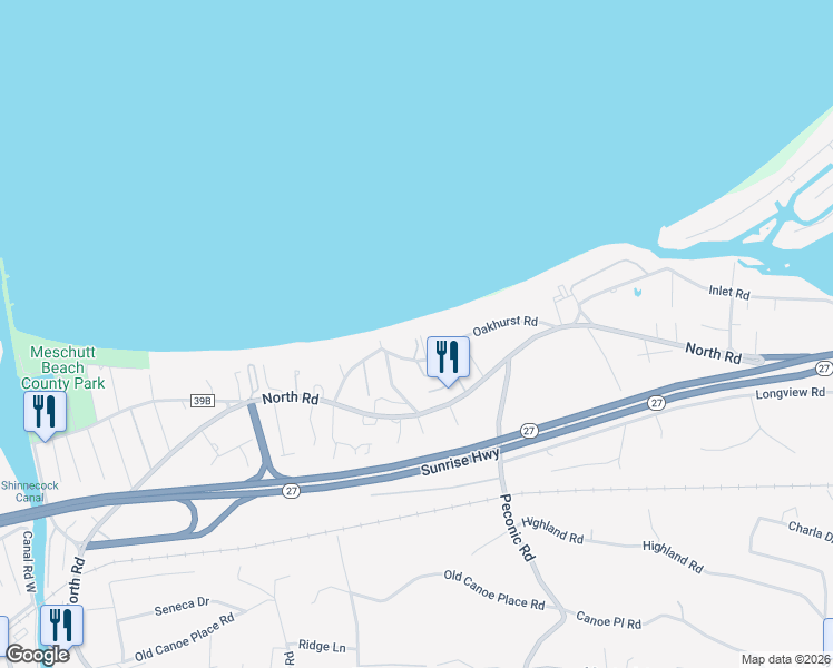 map of restaurants, bars, coffee shops, grocery stores, and more near 23 Oakhurst Road in Hampton Bays