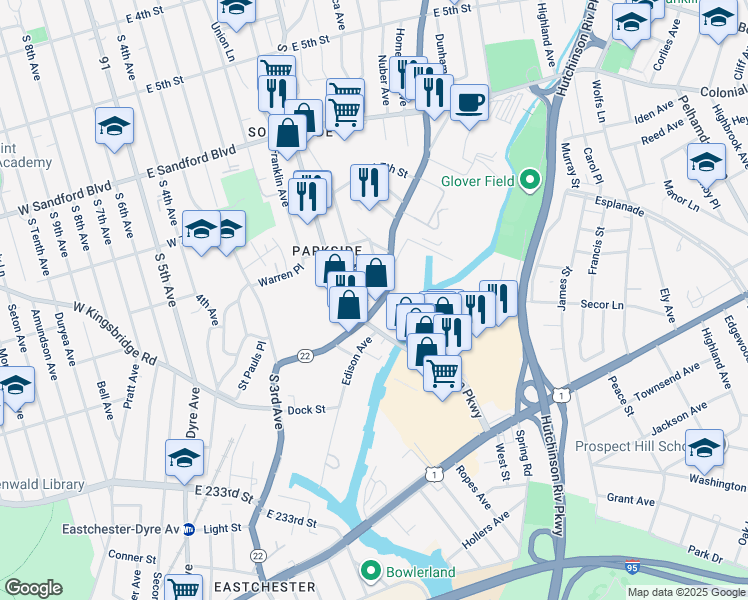 map of restaurants, bars, coffee shops, grocery stores, and more near 130 Miller Place in Mount Vernon