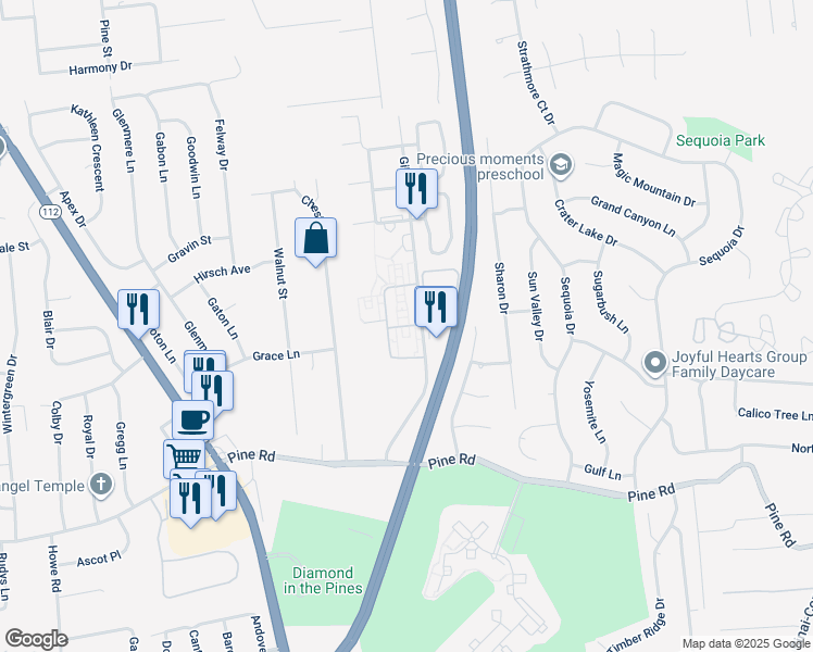 map of restaurants, bars, coffee shops, grocery stores, and more near 24 Fargo Court in Coram