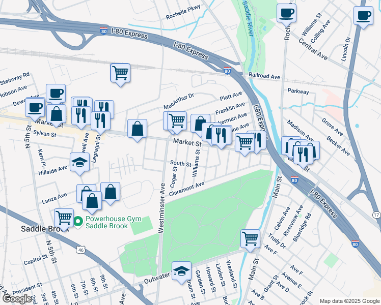 map of restaurants, bars, coffee shops, grocery stores, and more near 175 Market Street in Saddle Brook