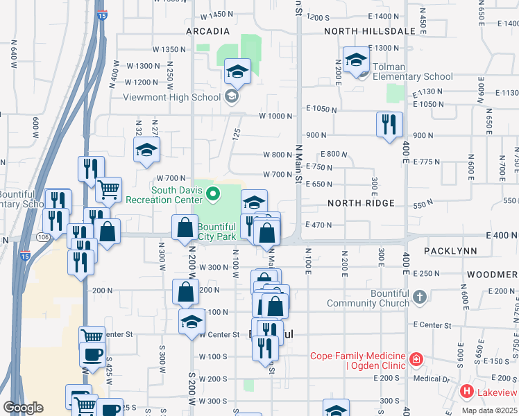 map of restaurants, bars, coffee shops, grocery stores, and more near 30 West 400 North in Bountiful