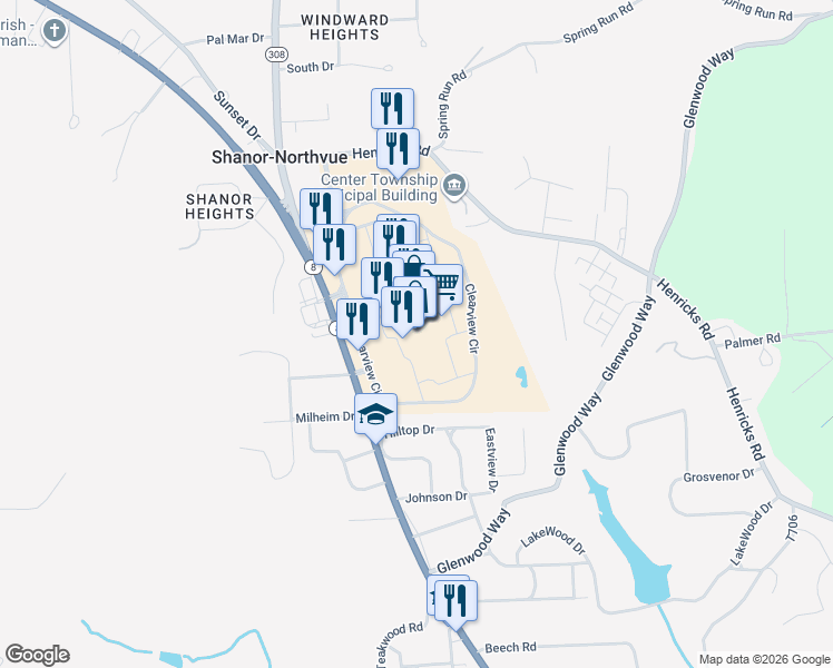 map of restaurants, bars, coffee shops, grocery stores, and more near 101 Clearview Circle in Butler