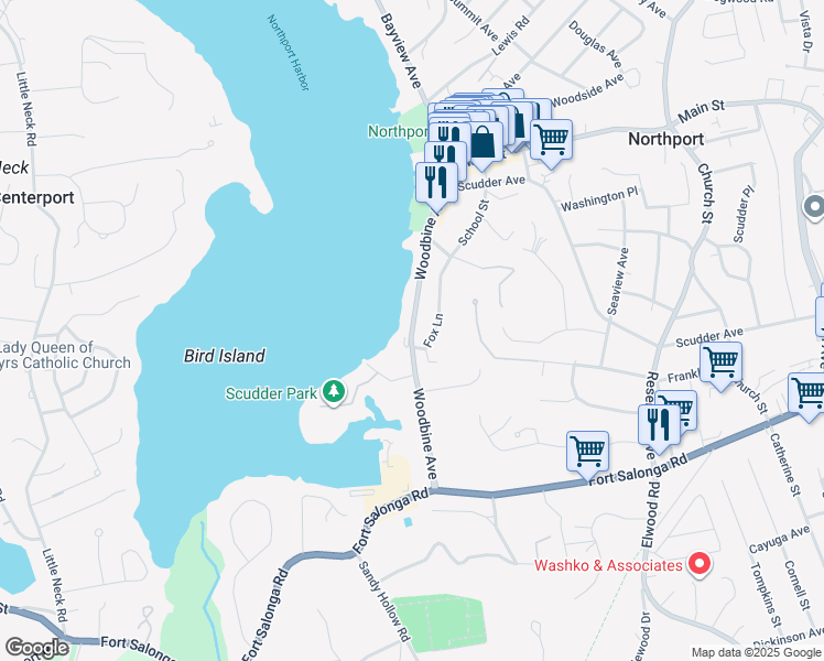 map of restaurants, bars, coffee shops, grocery stores, and more near 204 Woodbine Avenue in Northport