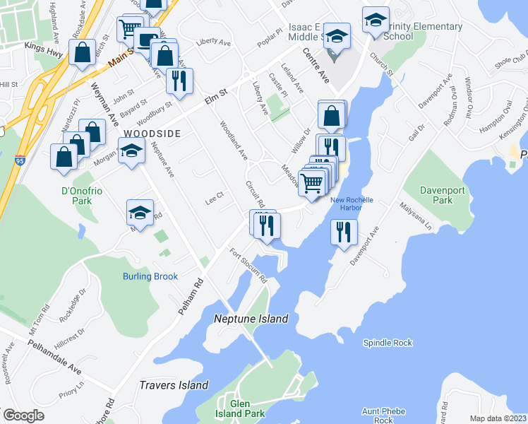 map of restaurants, bars, coffee shops, grocery stores, and more near 21 Circuit Road in New Rochelle