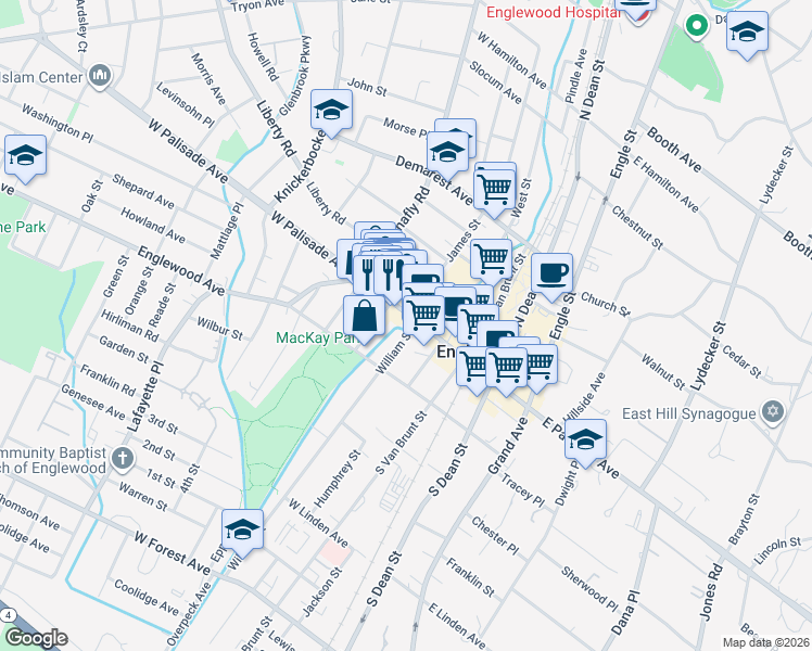 map of restaurants, bars, coffee shops, grocery stores, and more near 90 West Palisade Avenue in Englewood