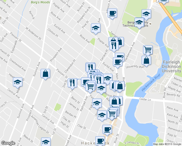 map of restaurants, bars, coffee shops, grocery stores, and more near 84 Vanderbeck Place in Hackensack