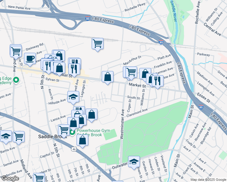 map of restaurants, bars, coffee shops, grocery stores, and more near 242 Market Street in Saddle Brook
