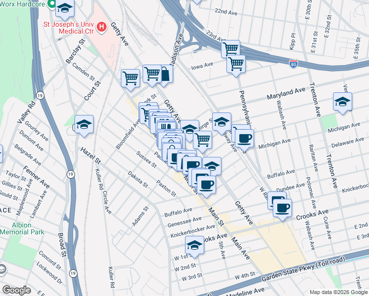 map of restaurants, bars, coffee shops, grocery stores, and more near 37 George Street in Paterson