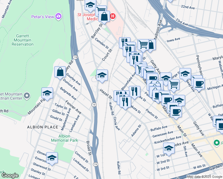 map of restaurants, bars, coffee shops, grocery stores, and more near 236 Paxton Street in Paterson