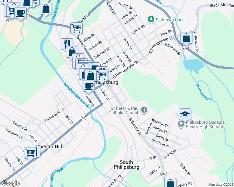 map of restaurants, bars, coffee shops, grocery stores, and more near 101-133 S Fourth St in Philipsburg