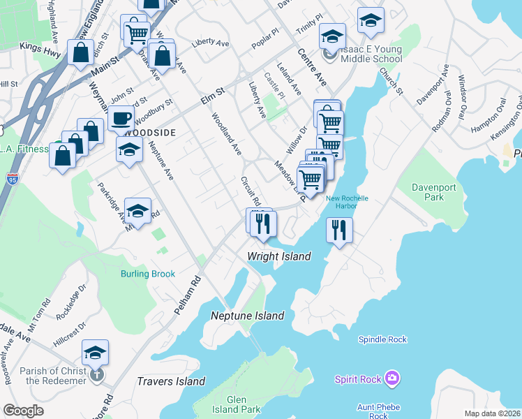 map of restaurants, bars, coffee shops, grocery stores, and more near 21 Circuit Road in New Rochelle