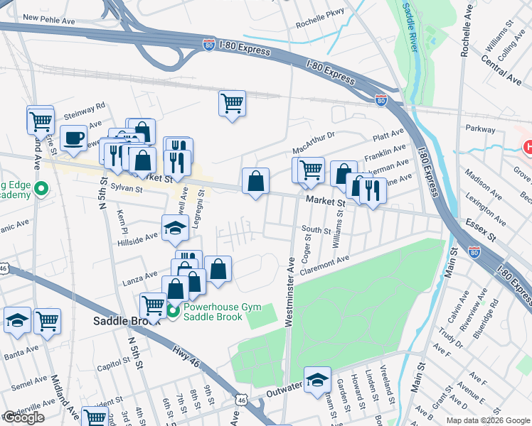 map of restaurants, bars, coffee shops, grocery stores, and more near 242 Market Street in Saddle Brook