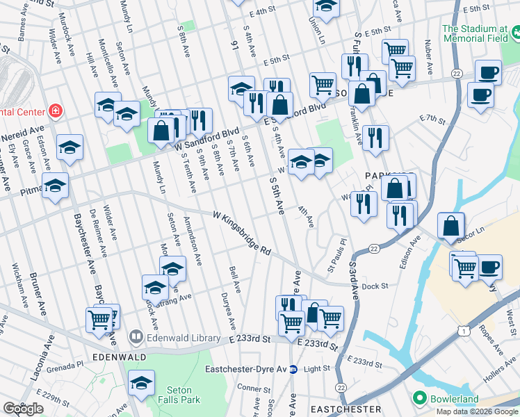 map of restaurants, bars, coffee shops, grocery stores, and more near 625 South 6th Avenue in Mount Vernon