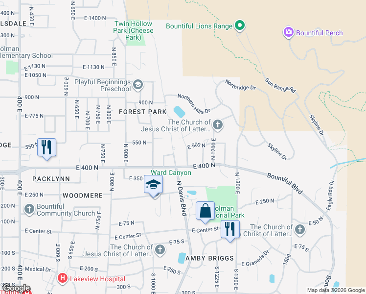 map of restaurants, bars, coffee shops, grocery stores, and more near 570 North 1100 East in Bountiful