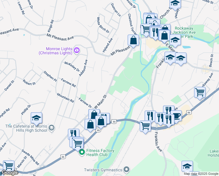 map of restaurants, bars, coffee shops, grocery stores, and more near 275 West Main Street in Rockaway