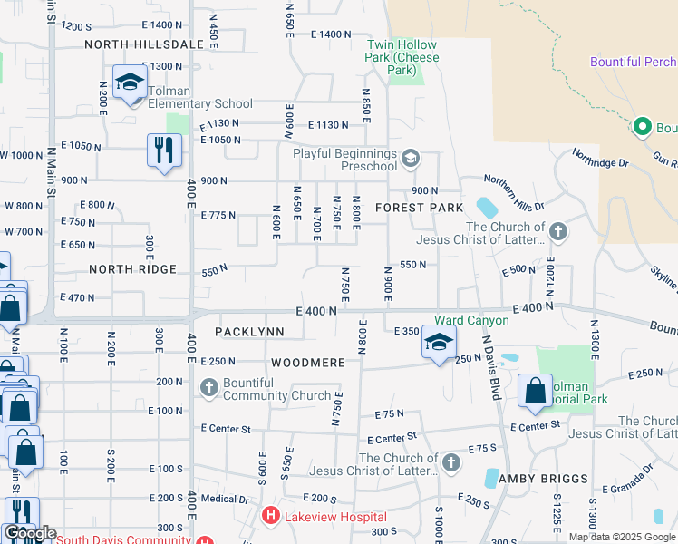 map of restaurants, bars, coffee shops, grocery stores, and more near 739 550 North in Bountiful