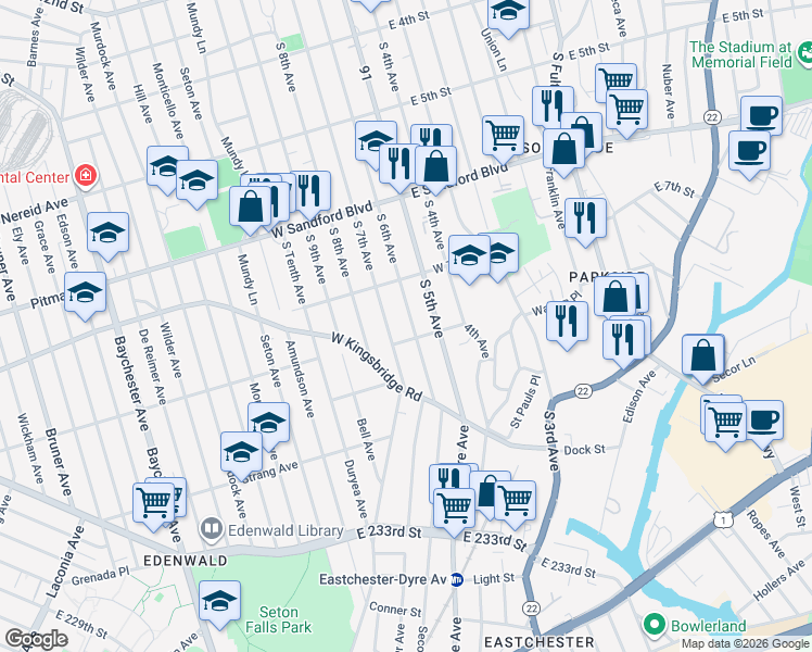 map of restaurants, bars, coffee shops, grocery stores, and more near 625 South 6th Avenue in Mount Vernon