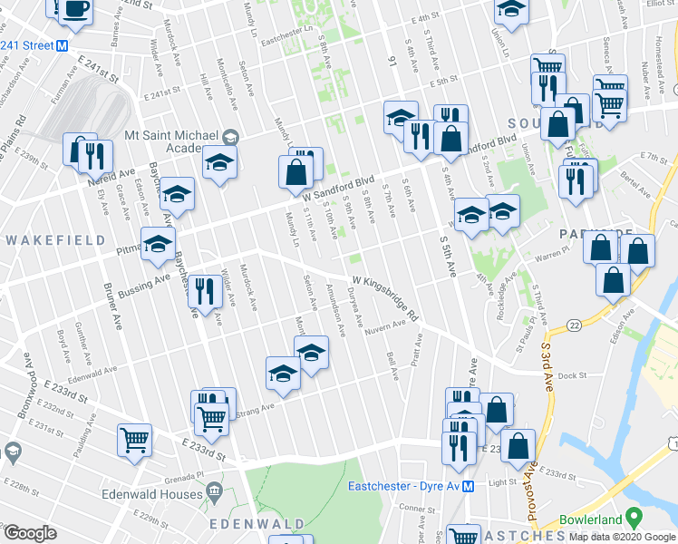 map of restaurants, bars, coffee shops, grocery stores, and more near 141 West 7th Street in Mount Vernon