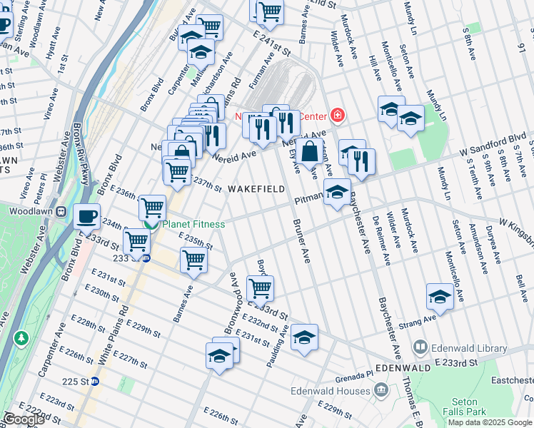 map of restaurants, bars, coffee shops, grocery stores, and more near 4300 Wickham Avenue in Bronx