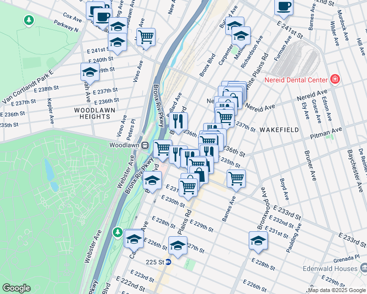 map of restaurants, bars, coffee shops, grocery stores, and more near 632 East 236th Street in The Bronx