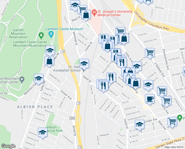 map of restaurants, bars, coffee shops, grocery stores, and more near 236 Paxton Street in Paterson