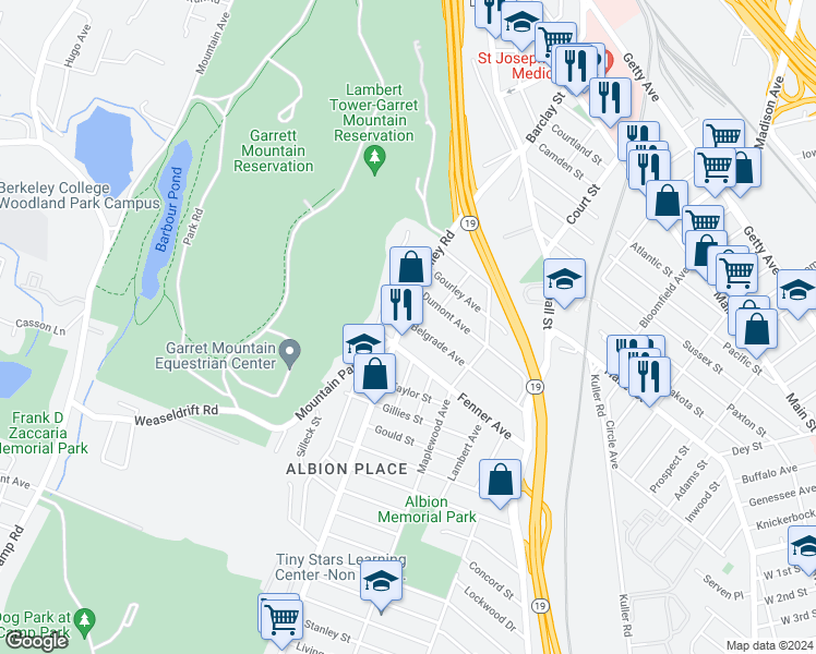 map of restaurants, bars, coffee shops, grocery stores, and more near 66 Valley Road in Clifton