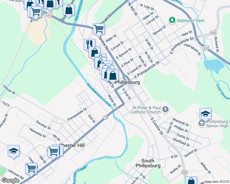 map of restaurants, bars, coffee shops, grocery stores, and more near 117 East Presqueisle Street in Philipsburg