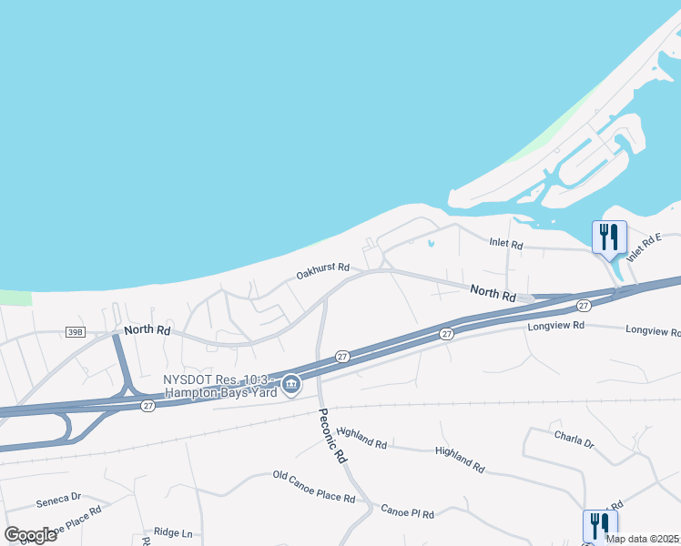 map of restaurants, bars, coffee shops, grocery stores, and more near 45B Oakhurst Road in Hampton Bays